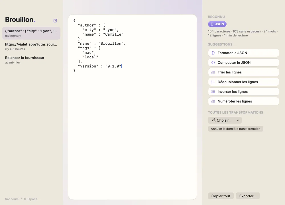 Le même JSON après formatage, dans Brouillon